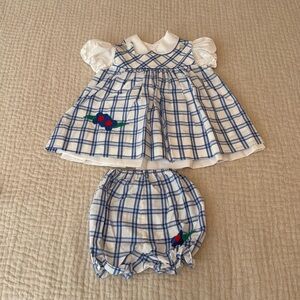 Vintage 1980s blue and white dress with embroidered flowers & matching bloomers